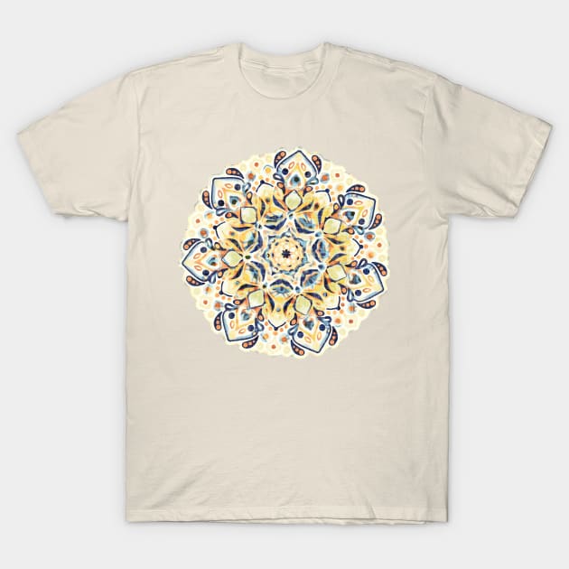 Stained Glass Mandala - Mustard Yellow & Navy T-Shirt by TigaTiga